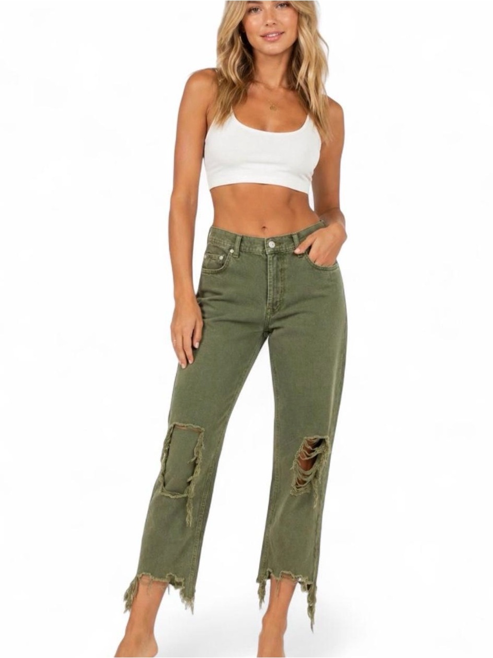 We The Free by Free People Distressed Cropped Jeans – Olive Green | Women’s 24
